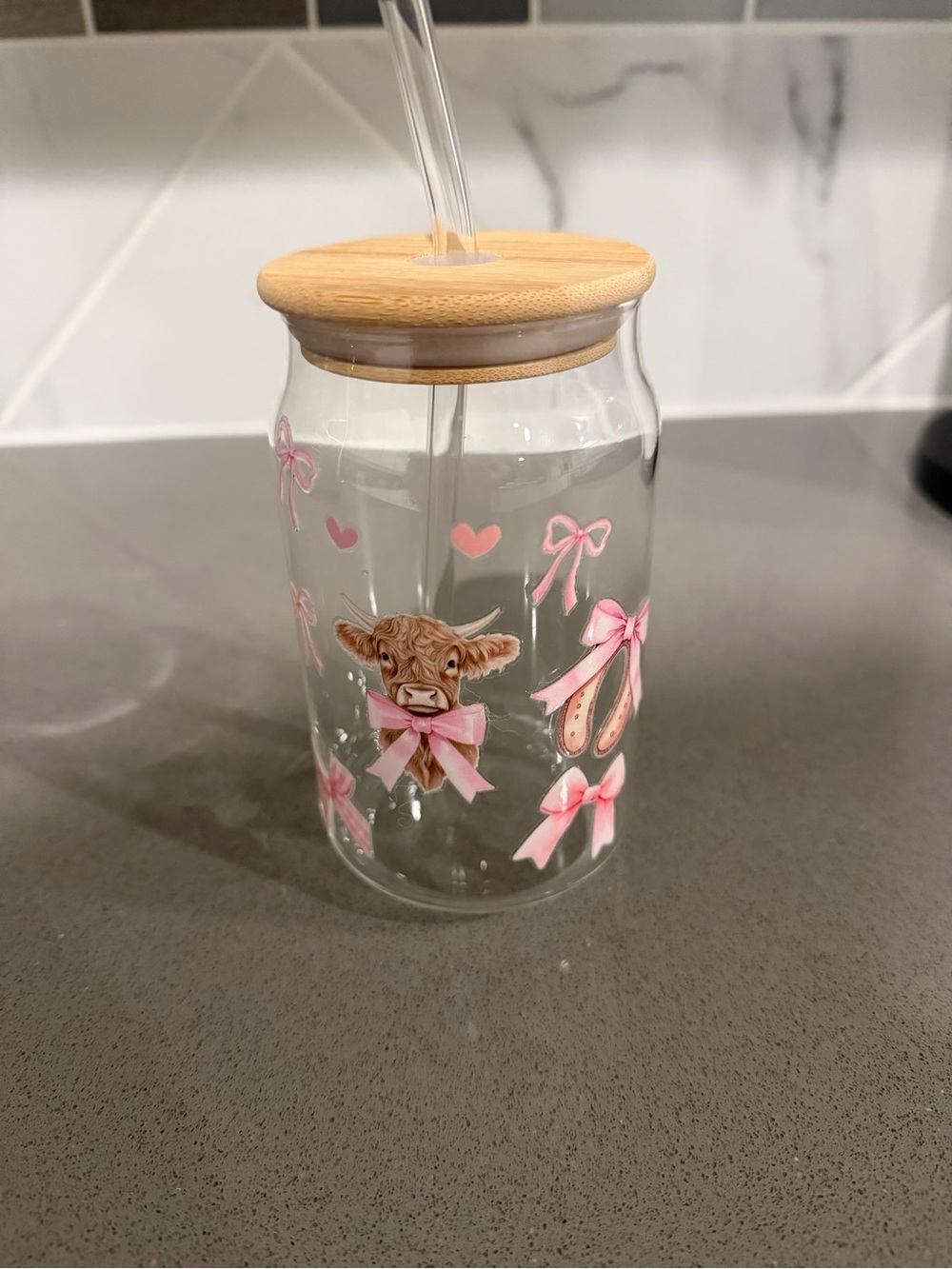 Clear Glass Straw Jar with Bamboo Lid and Pink Bow Cow Design